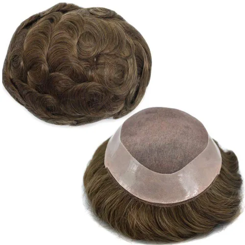 Miniatura 15 de Peluca de cabello humano monofilamento fino para hombre tipo tupé de polietileno alrededor del sistema de cabello, peluca duradera de monofilamento