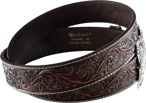Miniatura 3 de ARIAT Cinturón de cuero en relieve floral para hombre con hebilla de vaquero plateada envejecida