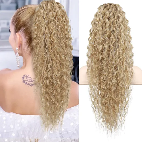 Flufymooz Extensión de cola de caballo, 26 pulgadas, estilo bohemio, con cordón, extensiones de cabello para mujer, cola de caballo larga, rizada,