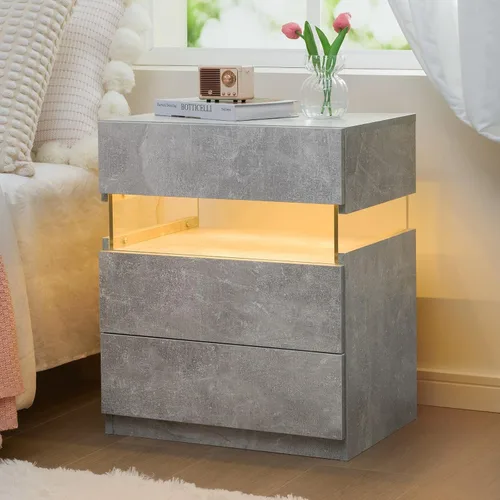 Miniatura 20 de Bingoday Moderna mesita de noche LED con 3 cajones, mesita de noche con luces LED ajustables, mesa auxiliar de almacenamiento grande para Blanco