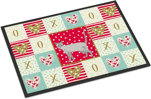 Caroline's Treasures CK5661JMAT Ojos Azules Cat Love Felpudo de 24 x 36 pulgadas, tapete rojo para puerta delantera, para interiores y exteriores,
