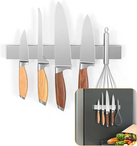 Ninonly - Porta cuchillos magnético de 10 pulgadas para refrigerador, tira magnética de doble cara de acero inoxidable para pared, estante magnético