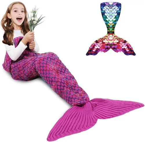 Miniatura 14 de AmyHomie Manta de cola de sirena, manta para niños, saco de dormir de sirena de ganchillo, regalo de sirena para niñas (azul claro, niños)