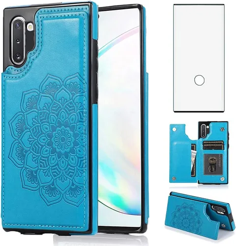 Miniatura 7 de Funda diseñada para Samsung Note 10 con protector de pantalla de vidrio templado, ranura para tarjetas de crédito, cartera de piel sintética, funda