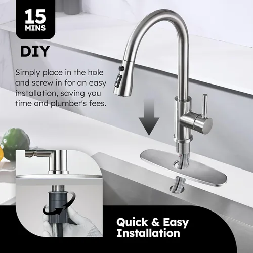 Miniatura 6 de Arofa Grifo de Cocina con Dispensador de Jabón, Grifo de Fregadero de Cocina de Acero Inoxidable con Rociador Desplegable de 3 Modos, Monomando