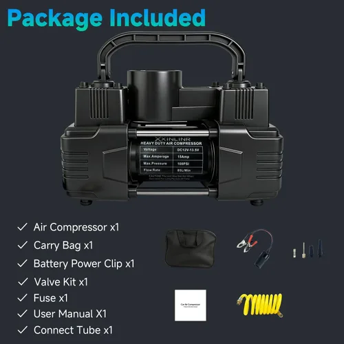 Miniatura 5 de Inflador de neumáticos de doble cilindro portátil de alta resistencia con manómetro - Compresor de aire metálico de 12 V 150 PSI (luz LED)