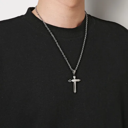 Miniatura 2 de HZMAN collar con colgante de cruz de acero inoxidable pulido, con cadena de 24 in, para hombre