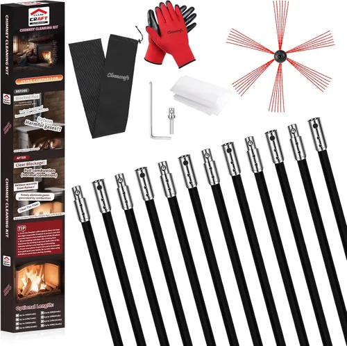 Miniatura 11 de Kit de limpieza de chimeneas de 16 pies, kit de limpieza de chimenea con 5 varillas de chimenea flexibles de nailon negro, sistema de limpieza