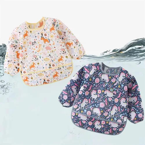 Miniatura 5 de Juego de 5 baberos impermeables de manga larga con bolsillo para niños pequeños de 6 a 30 meses