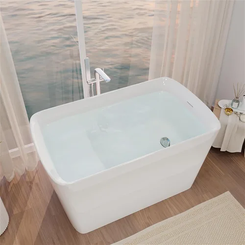 Miniatura 9 de Bañera independiente de acrílico Lucite de 47 pulgadas, bañera de remojo japonesa de forma cuadrada con diseño de asiento, desagüe cromado derecho