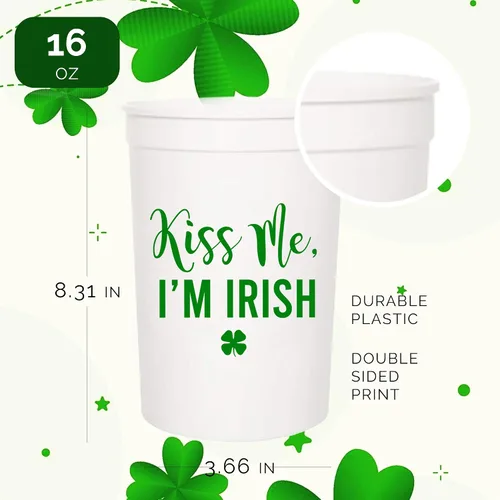 Miniatura 3 de Kiss Me I'm Irish - Juego de tazas de plástico para el día de San Patricio, 12-16 onzas para recuerdos de fiesta y decoraciones temáticas de trébol