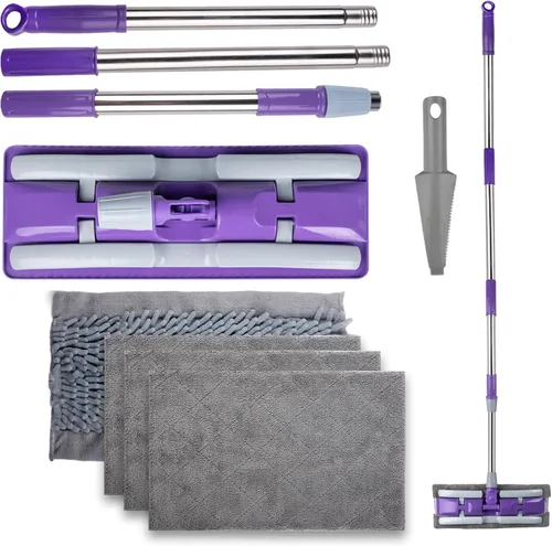Miniatura 8 de Trapeadores de microfibra para limpieza de suelos, trapeador plano en seco y húmedo con mango telescópico de acero inoxidable, 4 almohadillas Morado