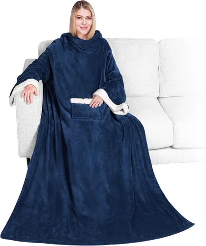 Miniatura 31 de PAVILIA Manta de forro polar con mangas para mujeres y hombres adultos, manta portátil cálida y suave, acogedora con bolsillo para abrazarse, manta