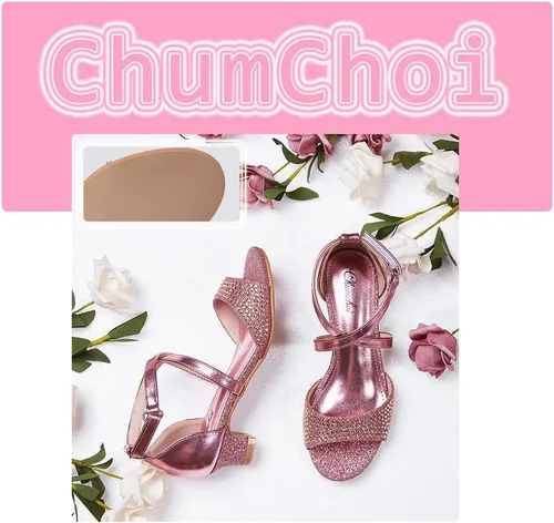 Miniatura 7 de Chumchoi Sandalias para niñas con diamantes de imitación, tacón bajo, correa de tobillo, vestido de tacón alto, boda, fiesta, para niños pequeños