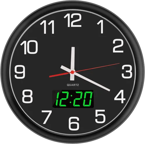 Reloj de pared analógico de 12 pulgadas, silencioso, sin tictac, reloj de pared grande de cuarzo con LED nocturno, reloj de pared decorativo a pilas