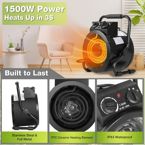 Miniatura 3 de Calentador de invernadero con termostato, tamaño grande, calentador eléctrico de 1500W, calentamiento rápido, protección contra sobrecalentamiento