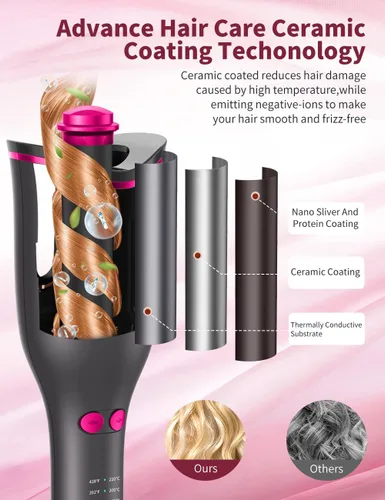 Miniatura 5 de Rizador automático para mujer, rizador automático giratorio de cabello largo, barril de cerámica de 1 pulgada, 4 temperaturas y 3 temporizadores