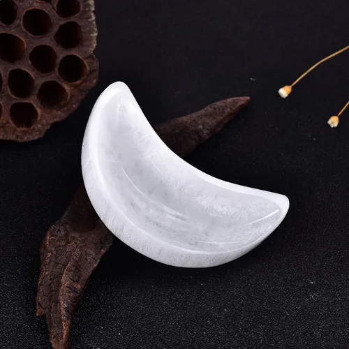 Miniatura 6 de JIC Gem Cuenco de selenita de 4 pulgadas con forma de luna, cuenco de carga de cristal de selenita marroquí para curación, recarga de cristales