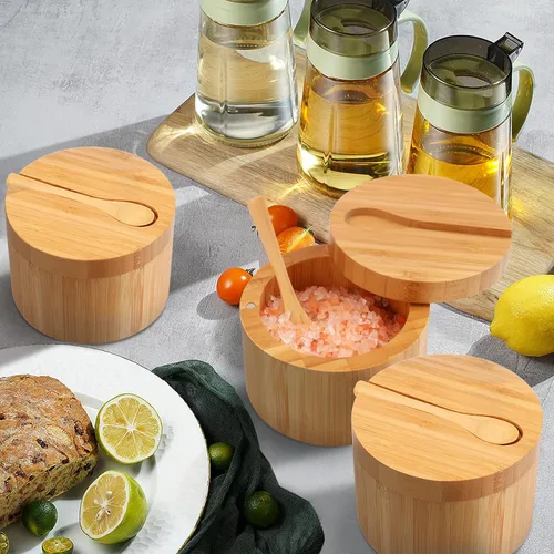 Miniatura 8 de HTB Salero de bambú con cuchara mini, caja de sal de cocina con tapa de cierre magnético giratoria, recipiente redondo de sal para guardar pimienta