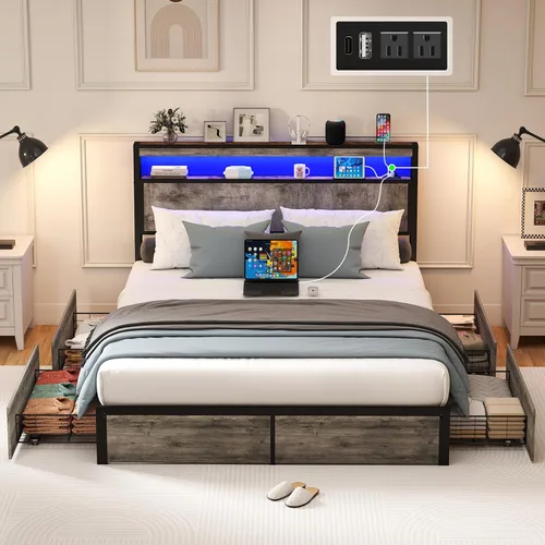 Miniatura 14 de SADENICEL Base de cama de tamaño matrimonial con almacenamiento, plataforma de cama de madera LED con cabecero, 4 cajones, estación de carga,