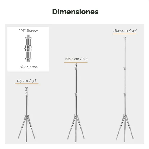 Miniatura 5 de K&F CONCEPT Soporte de Luz de Acero Inoxidable de 9.2 pies/2.8m, Trípode de Fotografía Resistente con Amortiguación de Resorte con Adaptador