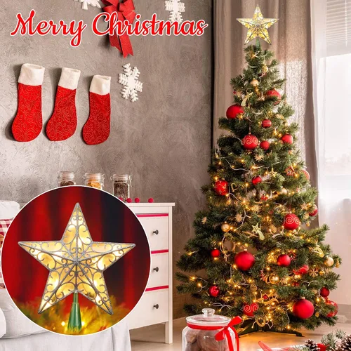 Miniatura 8 de Brizled Estrella para Copa del Árbol de Navidad de 9.5", Copa Plateada con Purpurina, Adorno 3D para Árbol de Navidad con 10 Luces, Certificado UL