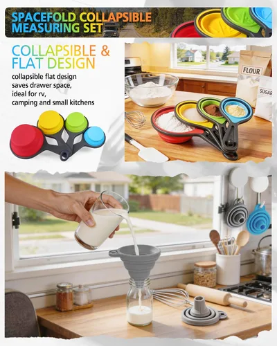 Miniatura 7 de Juego de tazas y cucharas medidoras, Tazas medidoras plegables, 8 piezas, Medidor plegable grabado con marcas métricas/imperiales para medición