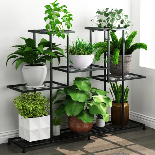 Twhep Soporte de Metal para Plantas, 5 Niveles Soportes Multifuncionales para Plantas de Interior, Estante Decorativo de Acero Negro para Plantas de
