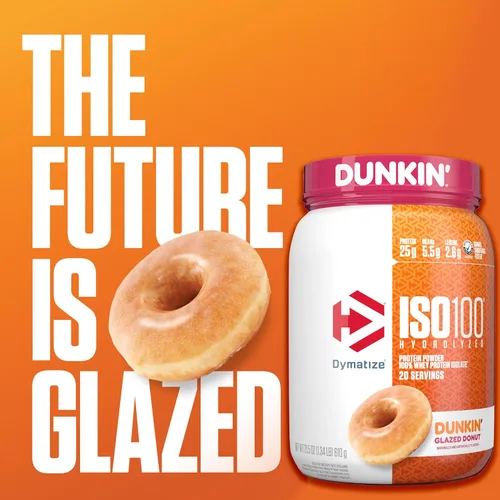Miniatura 2 de Dymatize x Dunkin' Glazed Donut ISO100 Proteína de suero en polvo, 0.88 oz de proteína, 0.19 oz de BCAA, 120 Cal., Sin gluten, 0.04 oz de grasa
