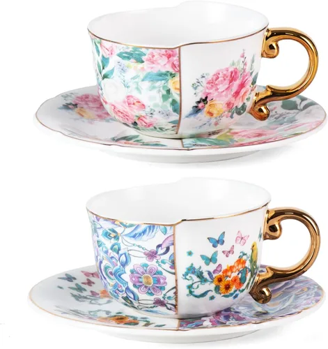 Miniatura 29 de KAMMAK Juego de 2 tazas de té y platillos, tazas de café de porcelana fina, tazas de café expreso apilables, demitasse de cerámica para café