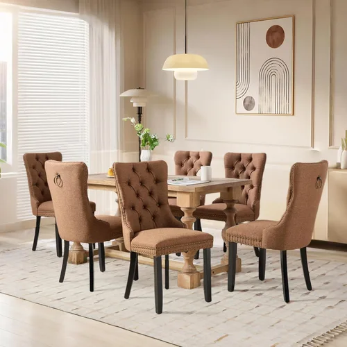 Miniatura 90 de SoarFlash Juego de 2 sillas de comedor de tela de lino, sillas de comedor tapizadas con ribete de cabeza de clavo y patas de madera de color claro