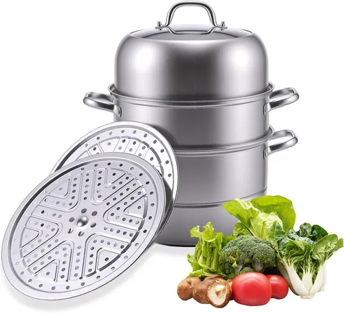 Miniatura 8 de Olla de vapor de acero inoxidable de 3 niveles de 24 cuartos de galón con tapa de vidrio, utensilios de cocina apilables multicapa para tamales