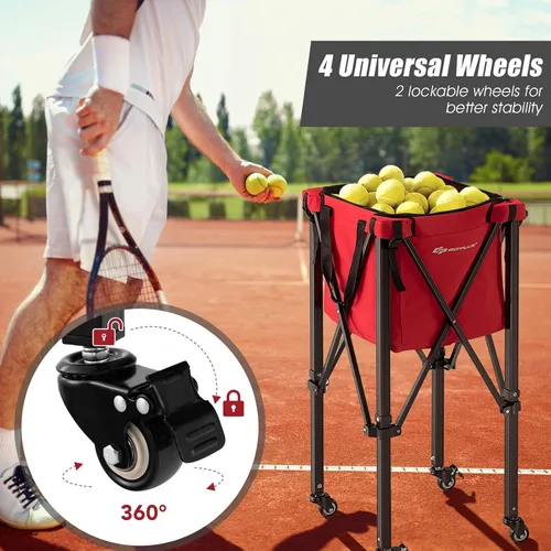 Miniatura 3 de Goplus Tolva plegable para pelotas de tenis, cesta de aluminio ligera con ruedas, bolsa extraíble, bolsillos laterales, bolsa de transporte, carrito
