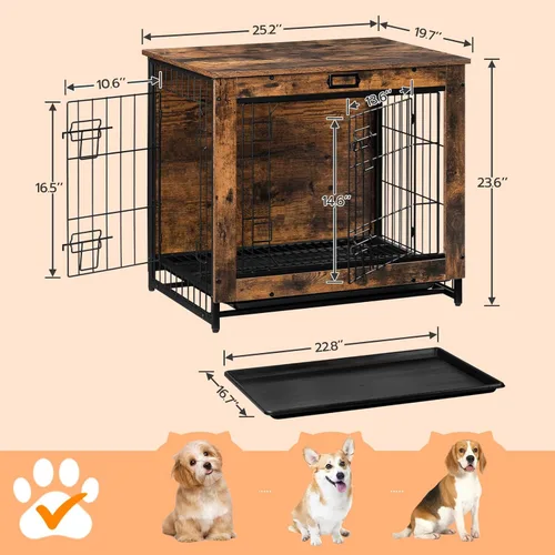 Miniatura 3 de Mueble de jaula para perros, perrera pequeña de 25.5 pulgadas para interiores, jaula de madera con bandeja extraíble, mesa auxiliar lateral que