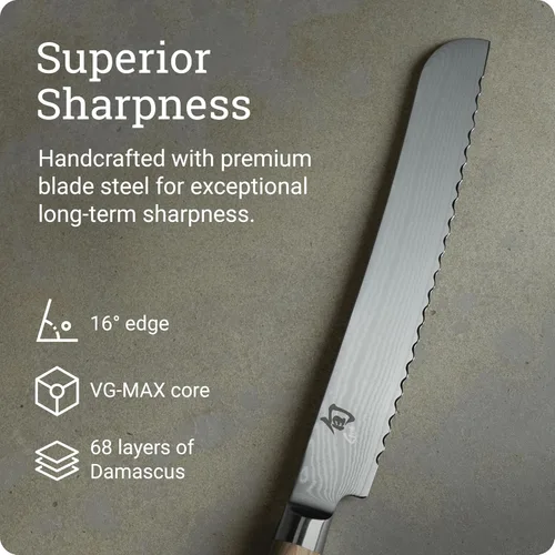 Miniatura 3 de Cuchillo de Pan Clásico Shun Blonde de 9", Cuchillo Serrado Japonés Hecho a Mano, Núcleo VG-MAX con Revestimiento de Acero Inoxidable Damasco, Mango