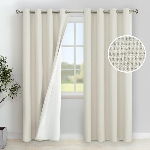 Miniatura 11 de YoungsTex - Cortinas de lino beige 100% opacas para dormitorio de 63 pulgadas de largo, cortinas cortas con aislamiento térmico y ojales
