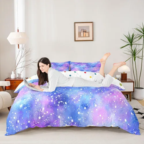 Miniatura 5 de Juego de funda de edredón con estrellas con purpurina y galaxia psicodélica, color azul marino y morado, tamaño individual, juego de ropa de cama