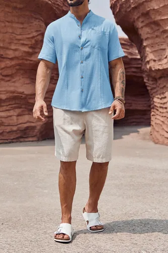 Miniatura 4 de Makkrom Camisa guayabera de lino para hombre, con botones, manga corta, casual, cubana, mexicana, cuello de banda, tops de verano para la playa