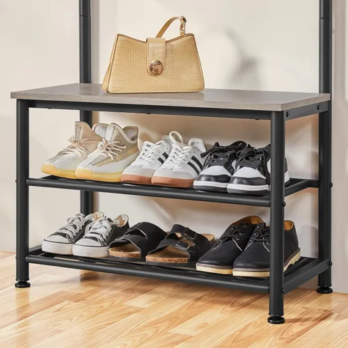 Miniatura 9 de Yaheetech Perchero, árbol de pasillo con banco de zapatos, almacenamiento de zapatos de entrada con perchero, 9 ganchos móviles, muebles de entrada