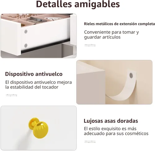 Miniatura 6 de Escritorio de tocador con espejo y luces, mesa de tocador de maquillaje blanca con estación de carga, escritorio grande con 6 cajones y 2 gabinetes