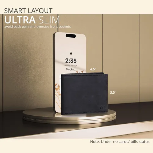 Miniatura 3 de Cartera delgada de cuero para hombre, bloqueo RFID, bolsillo frontal minimalista, delgada y elegante con ventana de identificación, regalo