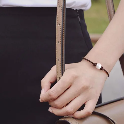 Miniatura 5 de Pulsera cultivada de agua dulce de una sola perla hecha a mano de cuero genuino pulsera de ágata Malaquita Tiger Eyes con encanto joyería sintética