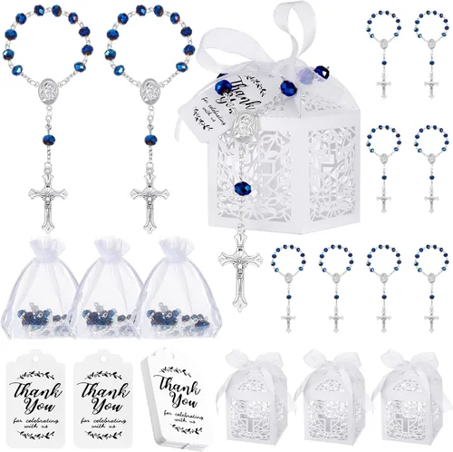 Yinkin Juego de 100 Piezas de Recuerdos de Bautismo Incluyendo 25 Mini Rosarios de Bautismo 25 Bolsas de Organza con Cordón 25 Etiquetas de Papel