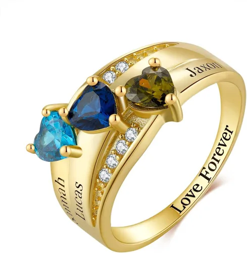 Anillos de piedra natal personalizados para madre, oro real de 10 quilates, 14 quilates, 18 quilates, con nombre personalizado con piedra natal de 2
