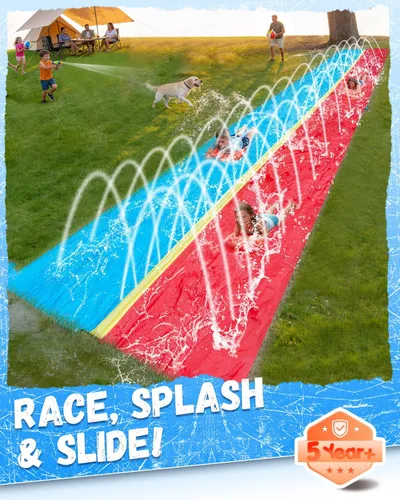 Miniatura 4 de Spring Water Tobogán acuático de 40 pies para patio trasero de niños, tobogán acuático extra largo de 2 carriles con rociador, toboganes acuáticos