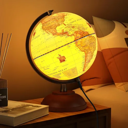 Miniatura 9 de Globo del mundo iluminado con soporte de madera, globo mundial de 8 pulgadas para aprendizaje de niños y adultos, luz nocturna LED incorporada