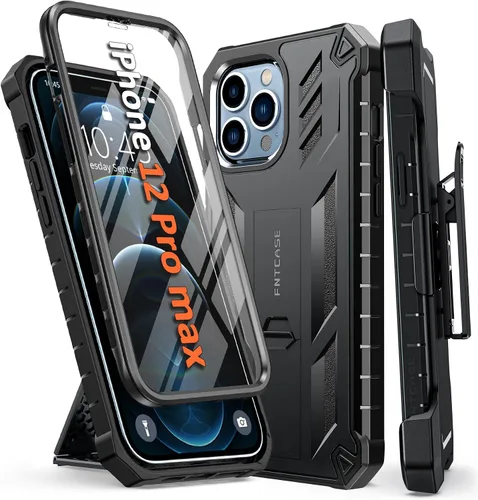 FNTCASE Funda para iPhone 12-Pro-Max: con protector de pantalla integrado, soporte y funda con clip para cinturón, funda protectora militar