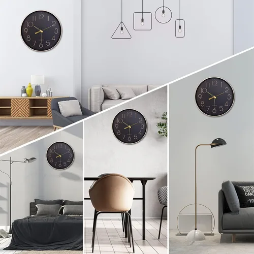 Miniatura 6 de Topkey Reloj de pared negro de 12 pulgadas, silencioso, sin tictac, reloj de pared redondo decorativo para sala de estar, dormitorio, cocina