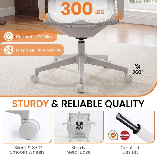 Miniatura 6 de LuxErgo Silla de oficina ergonómica de malla, silla de escritorio con respaldo medio con soporte lumbar y reposabrazos, altura ajustable, reclinable