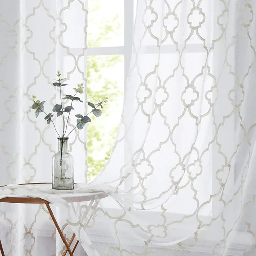 Miniatura 2 de Cortinas traslúcidas beige y blancas para dormitorio, 84 pulgadas, con bordado geométrico marroquí, marfil, paneles de cortina semitransparentes